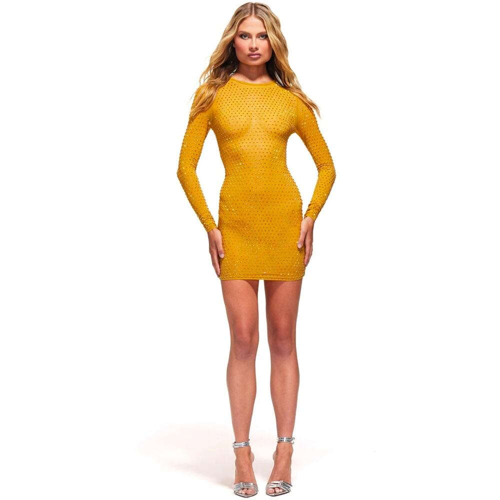 PrettyLittleThing Chartreuse Embellished Mesh Bodycon Dress US Size 4 NWT